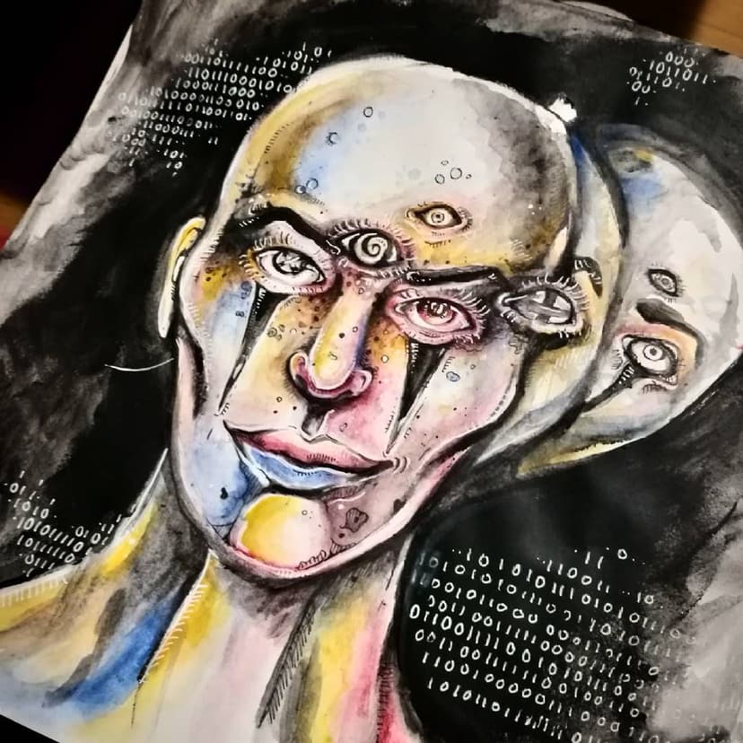 A drawing of a colorful calculated human space scene.